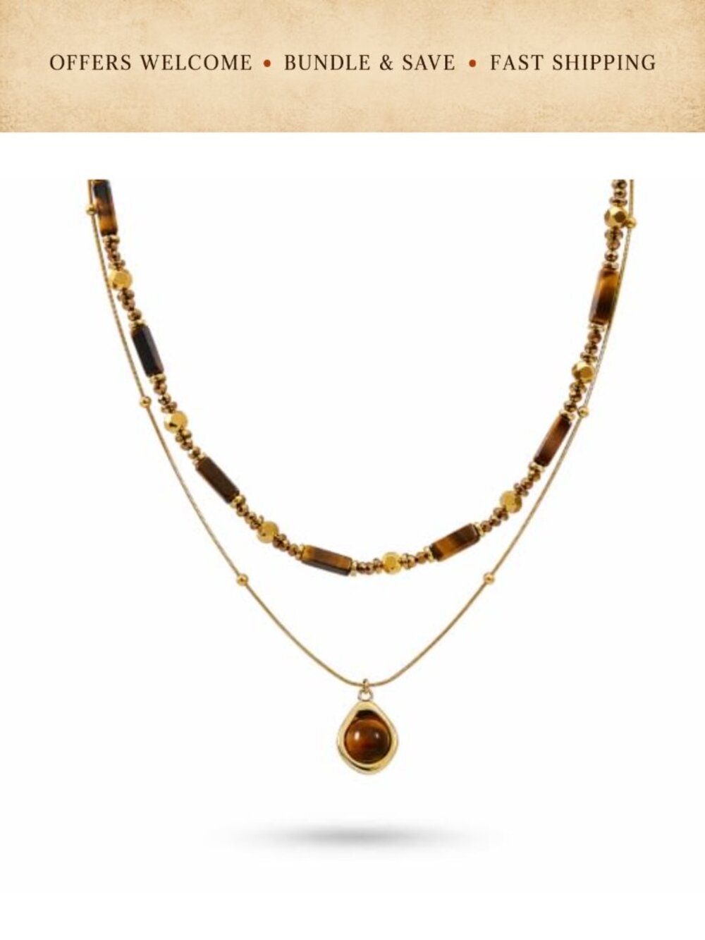 2Pcs Layered Necklace Set Detachable Stainless Steel Tiger Eye Pendant Choker